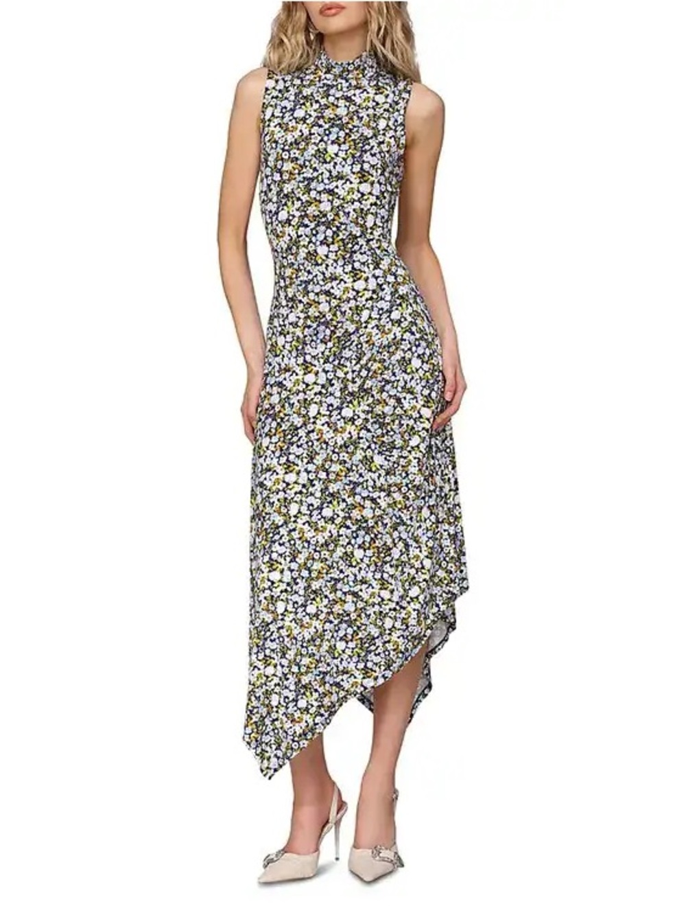 Avec Les Filles Tea Party Ditsy Mock Neck Asymmetric Midi Dress NWT, size XS
